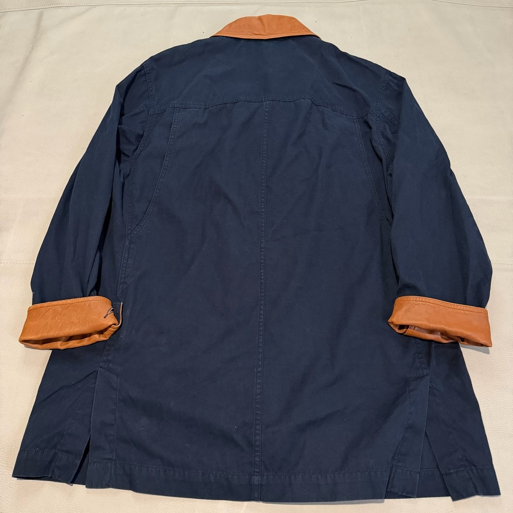 VTG 90s‎  Navy Barn Field Jacket Chore Leather Trim Collar Y2K Women-M-6130 - Picture 2 of 10